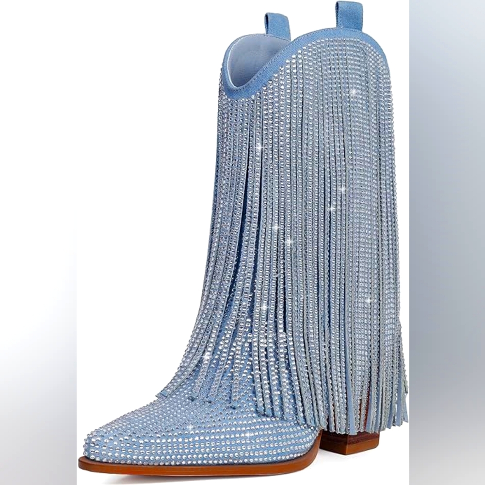 Blue Denim Rhinestone Fringe Boho Western Boots